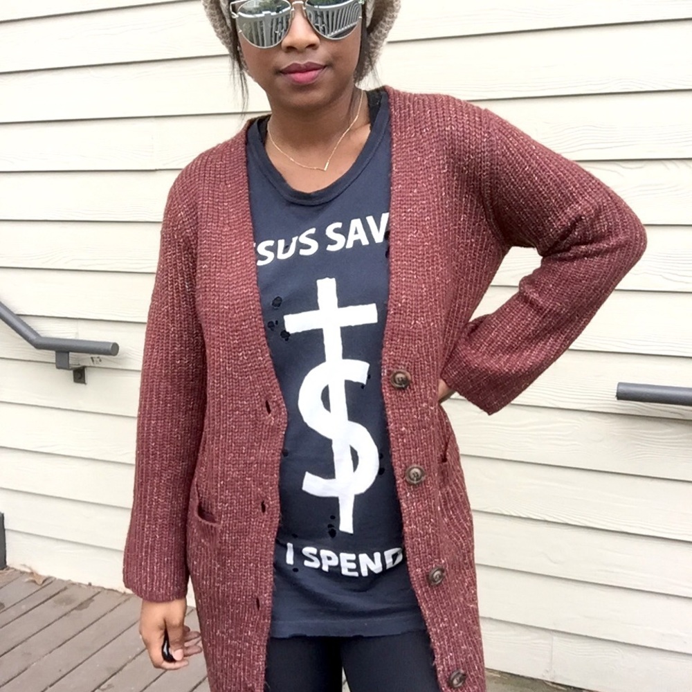 Rust V-Neck Chunky Knit Button Up Sweater Cardigan - Picture 2 of 6